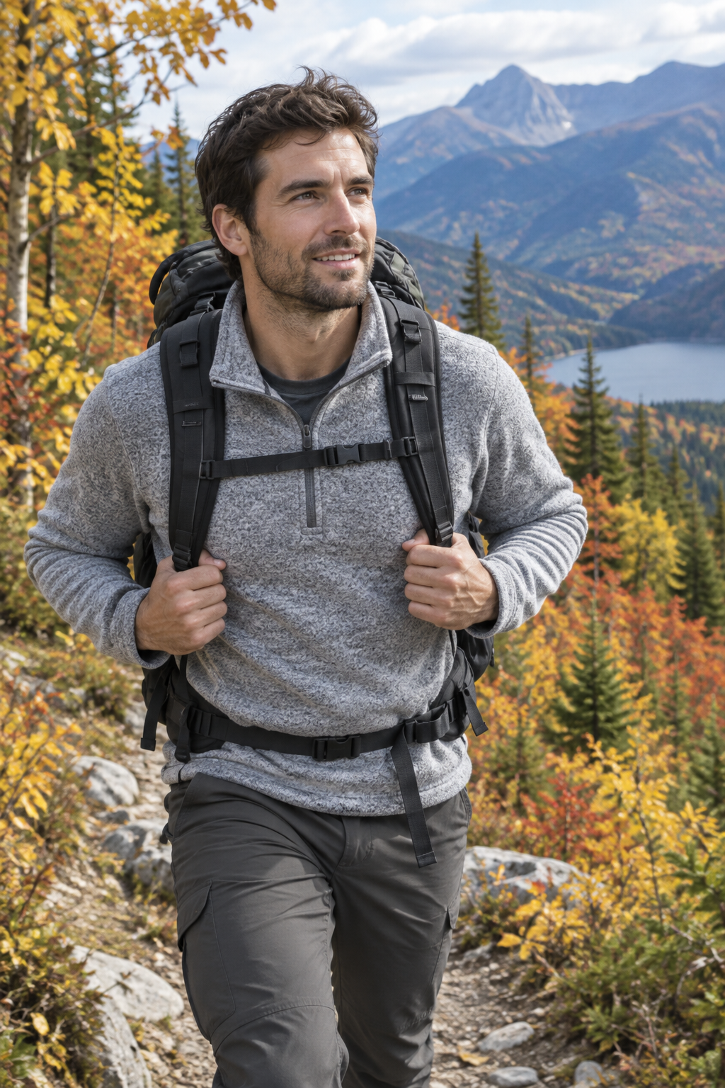 Male hiker wearing grey heather fleece pullover on autumn trail